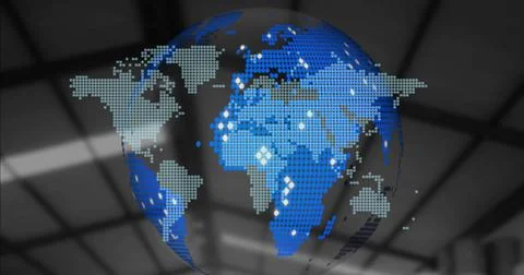 Digital globe displaying pixelated world map with blue and white dots 写真素材