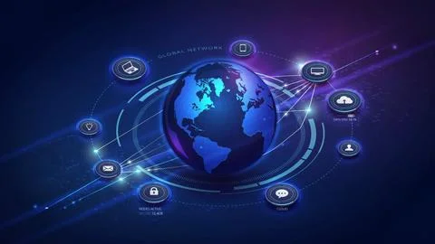 Digital globe earth with glowing network connections and technology icons o.. Stock Illustration