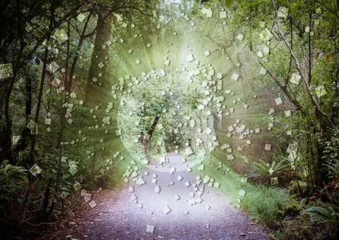 Digital globe exploding in forest Illustrazione stock