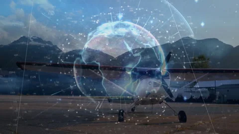 Digital globe fading in, rotating over prop plane as data markers animating to Video stock 313493197