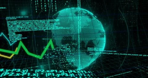 Digital globe with financial data and coding image over green matrix background Stock Photos