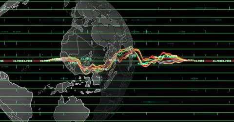 Digital globe floating in data interface with green grid, cyan markers, Stock Photos