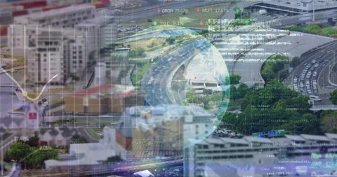 Digital globe floating over urban highways showing stock ticker and code grid in Stock Footage 308653758