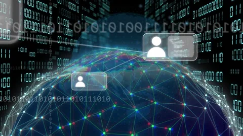 Digital globe forming low causing cards linking with pulsing nodes over data Stock Footage 333734552