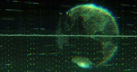 Digital globe forming from pulsing waveform seeding points as binary columns Stock Footage 328657163