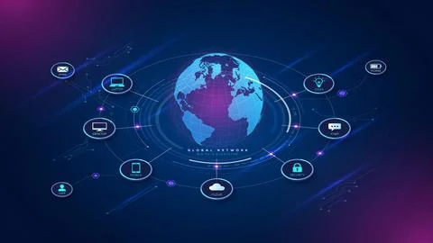 Digital globe with global network connections and technology icons for inte.. Stock Illustration