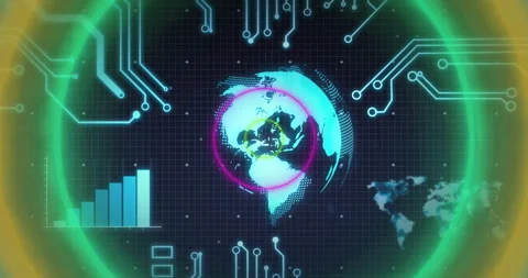 Digital globe glowing with circuit patterns and data charts in animation Stock Footage 304644834