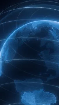 Digital globe with glowing data lines orbiting around continents on a dark bl Stock Illustration