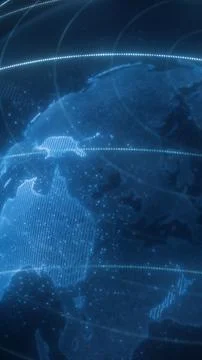Digital globe with glowing data lines orbiting around continents on a dark bl Stock Photos