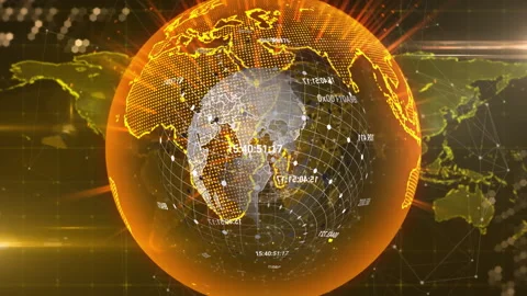 Digital globe glowing with data points and coordinates over world map background Stock Footage 305029331