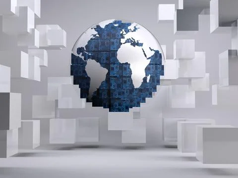 Digital globe on grey background with cubes Stock Illustration