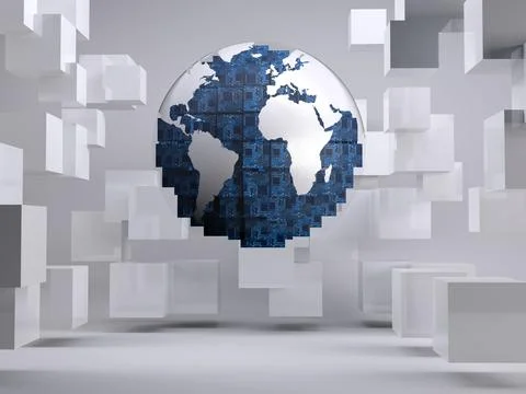 Digital globe on grey background with cubes Stock Photos
