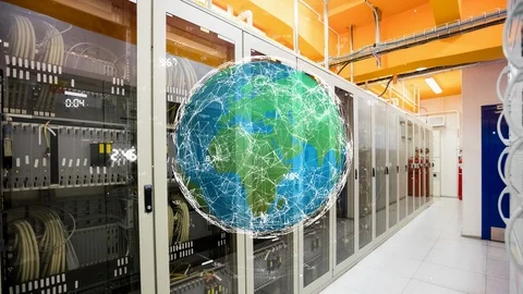 Digital globe in a hallway with servers Stock Footage 107709619