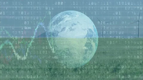 Digital globe hovering above wind turbine field, overlaying binary code plus Stock Footage 325963414