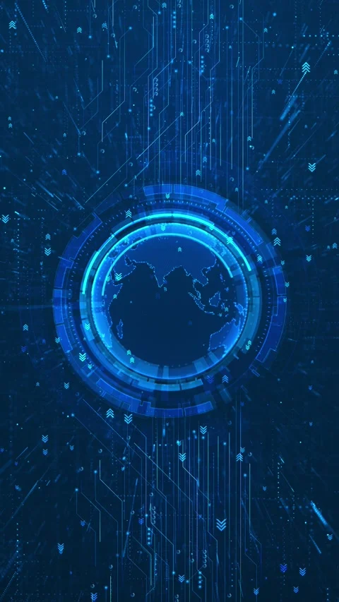 Digital globe HUD circuit background blue earth, circular interface rings, arrow Stock Footage 340526721