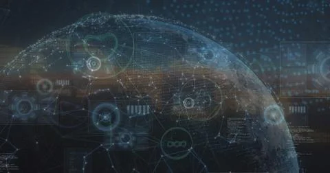 Digital globe with interconnected data points and holographic interfaces 写真素材