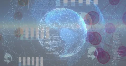 Digital globe with interconnected data points and charts Stock Photos