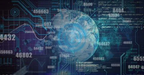 A digital globe with interconnected lines and numbers prominently displayed 스톡 사진