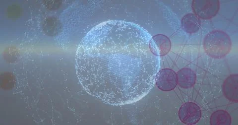 Digital globe with interconnected network nodes and abstract data visualization Stock Photos