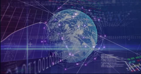 Digital globe with network connections and binary code over financial data Stock Footage 305068843