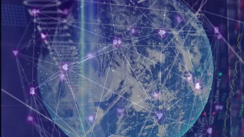 Digital globe with network connections and binary code over financial data Stock Footage 313447605