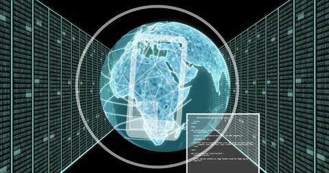 Digital globe with network connections and data processing image over code 스톡 일러스트