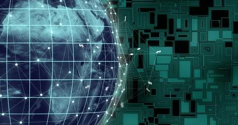 Digital globe with network connections transitioning into circuit board image Stock Illustration