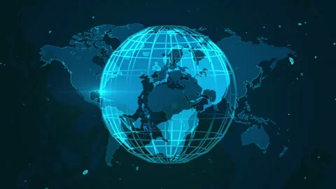 Digital Globe Over a World Map with a Blue Grid Network Visualization 库存影片 343522347