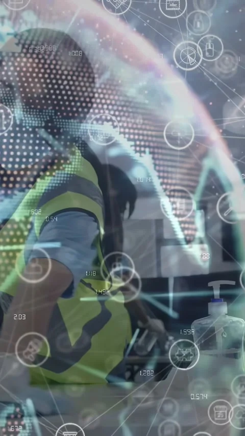 Digital globe overlay appearing, worker leaning and wiping work surface, Stock Footage 331009267