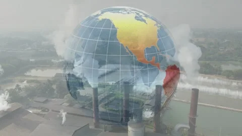 Digital Globe Overlay on Factory Emitting Smoke Concept Stock Footage 336479070