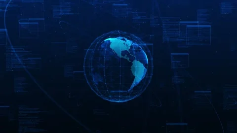 Digital globe programming visual with blue code panels, orbit paths, and connect Stock Footage 340551800