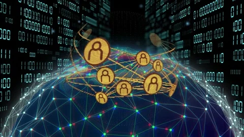 Digital globe rising, gold user tokens forming above pole, orbiting, linking, Stock Footage 333999121