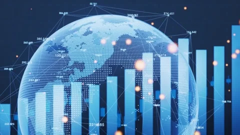 Digital globe rotates over rising blue business statistics charts motion Video stock 327517062