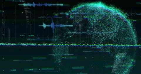 Digital globe rotating in analytics interface with waveform graphs and numeric Stock Illustration
