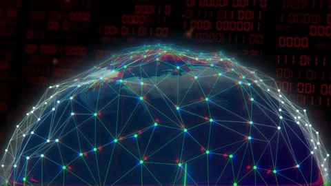 Digital globe rotating, camera rising, rim nodes pulsing and neon streak tracing Stock Footage 334768477