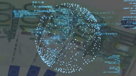 Digital globe rotating, code scrolling, hand touching note shifting bills, Stock Footage 329533886