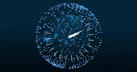 Digital globe rotating in dark backdrop, showing glowing nodes, connecting lines Foto stock