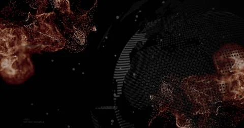 Digital globe rotating in digital void, with copper clouds, data points and Stock Illustration