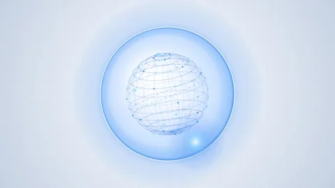 Digital globe rotating inside translucent sphere representing global networ.. Vidéo 347995421
