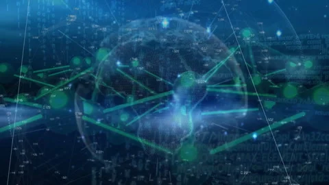 Digital globe rotating, launching node lighting and lines connecting for Stock Footage 312416903