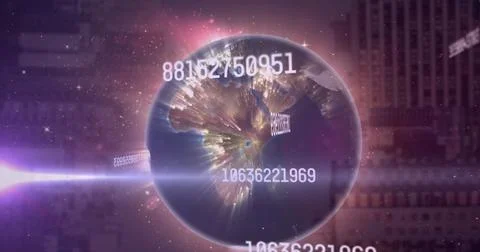 Digital globe rotating in virtual interface, with numeric IDs, purple beam and Stockfoto's