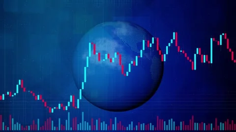 Digital globe with scrolling financial candlestick charts, global economy bull Vídeo Stock 332606887
