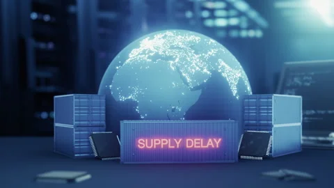 Digital globe, shipping containers, and microchips highlight a critical global Stock Footage 338190807