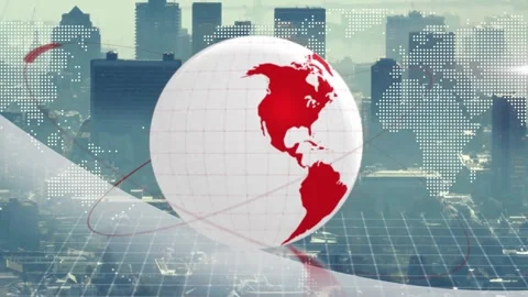Digital globe spinning above grid plane, displaying red orbit lines and dotted Stock Footage 330400487