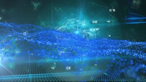 A digital globe is spinning with numbers constantly changing on a blue Stock Footage 327195743