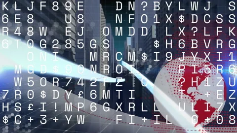 Digital globe spinning with red dot matrix overlay above city skyline and Stock Footage 307431949