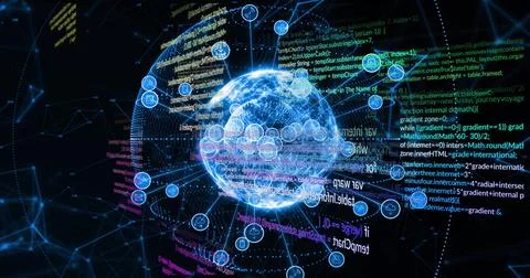 Digital globe surrounded by data processing image with various coding elements Stock Photos