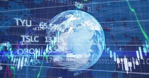 Digital globe surrounded by financial graphs and stock market data イラスト素材