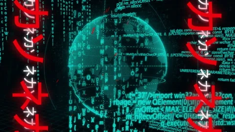 Digital globe surrounded by green binary code and programming text animation Stock Footage 303608954