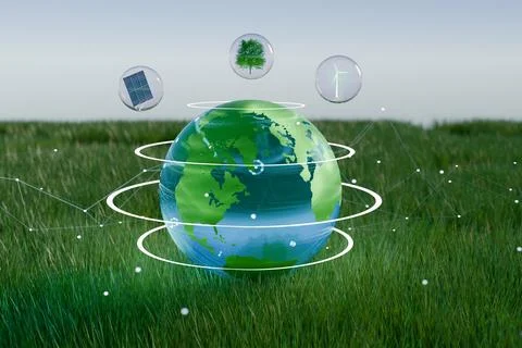 Digital globe surrounded by icons, symbolizing Earth Day Illustrazione stock